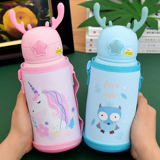 Cartoon Christmas deer 316 stainless steel large capacity child straw cup double cover two-purpose cup set outdoor large kettle