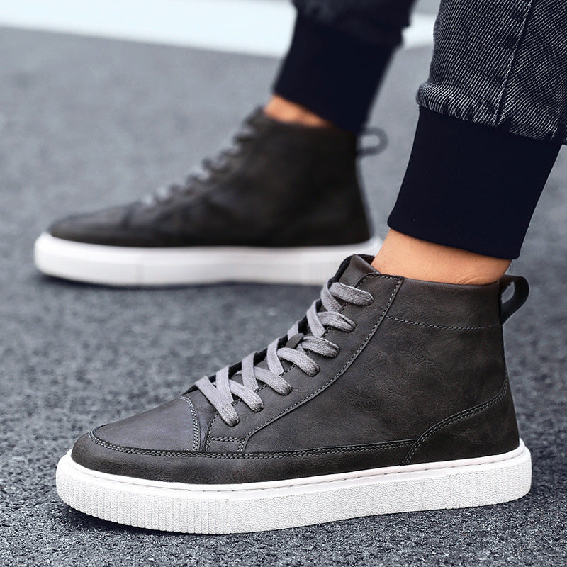 Leather shoes plus velvet warm high-top sneakers