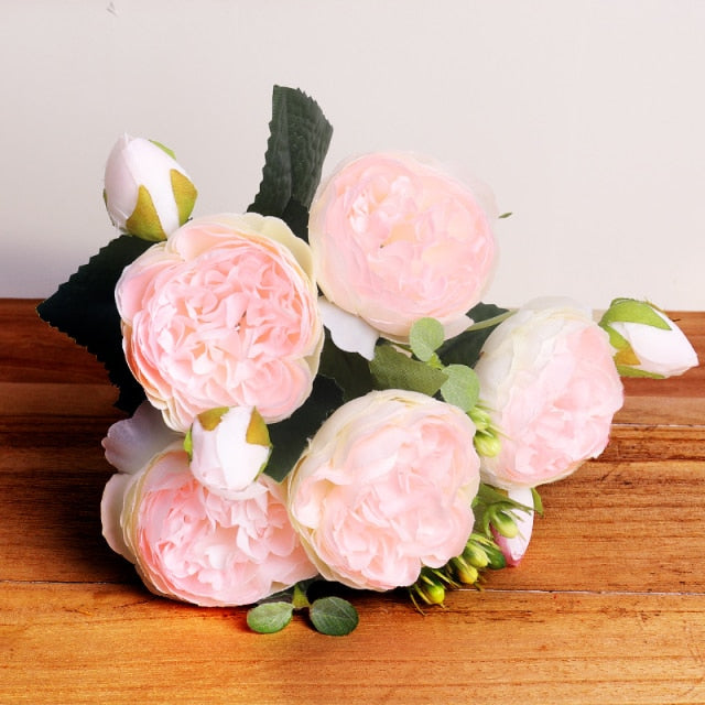 30cm Rose Pink Silk Bouquet Peony Artificial Flowers 5 Big Heads 4 Small Bud Bride Wedding Home Decoration Fake Flowers Faux